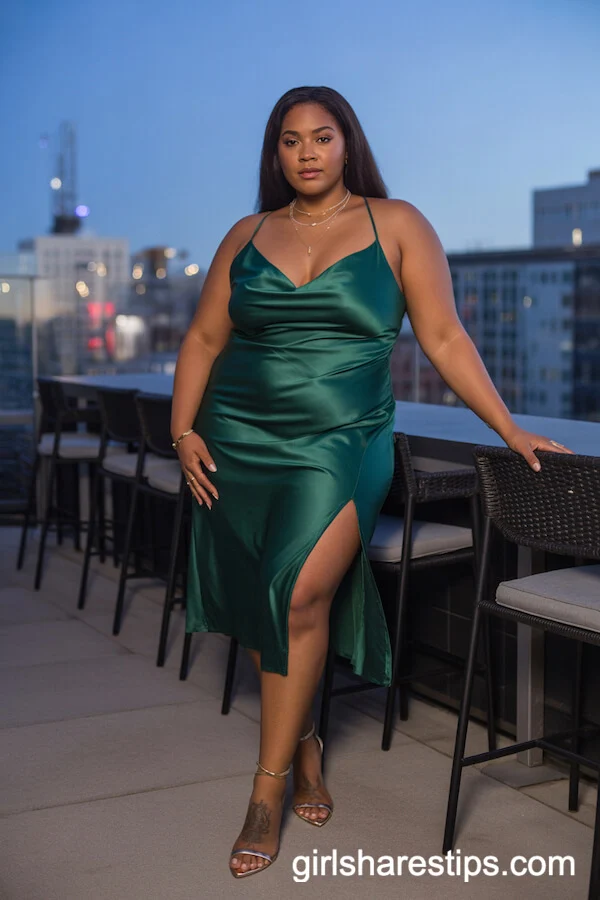 Emerald Satin Slip Dress with Strappy Gold Heels