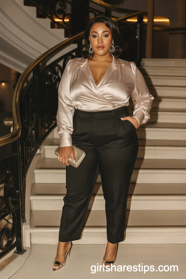 Champagne Satin Wrap Blouse with Tailored Black Trousers