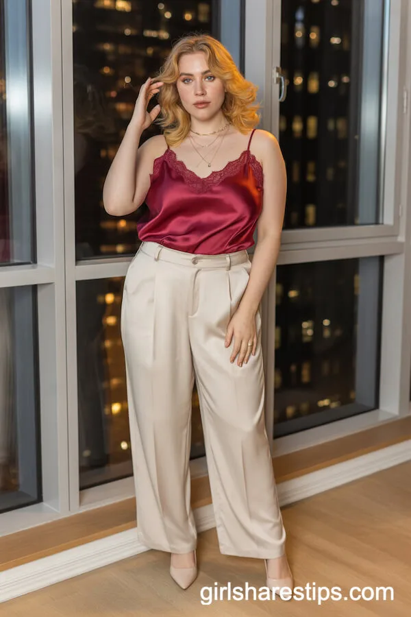 Wine-Red Lace Camisole with Cream Wide-Leg Trousers