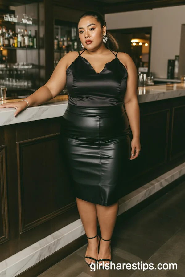 Black Satin Bodysuit with Faux Leather Pencil Skirt