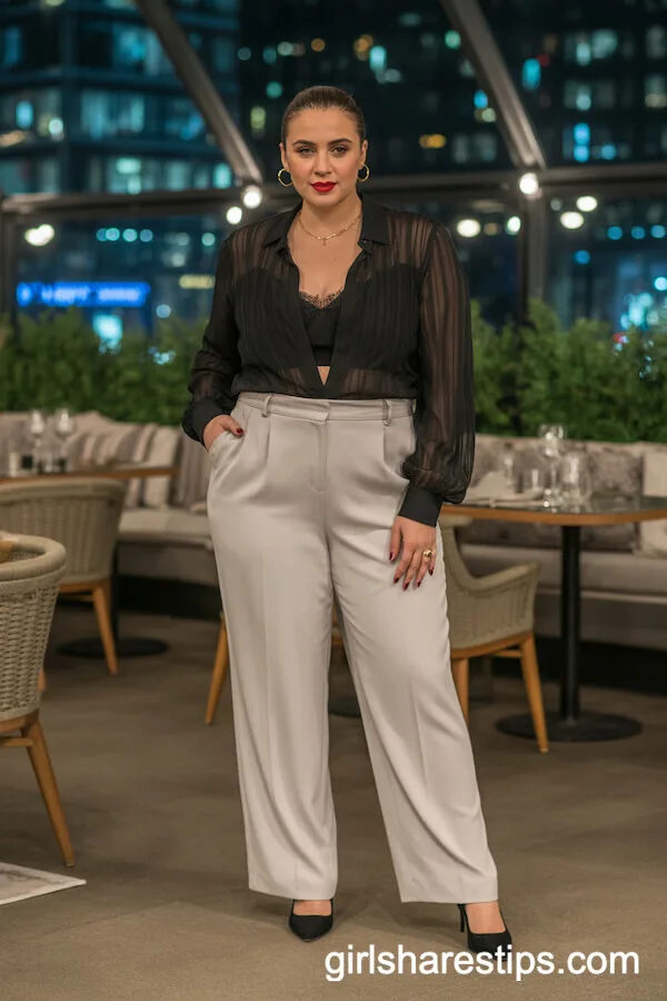 Sheer Black Lace Blouse with High-Waisted White Trousers