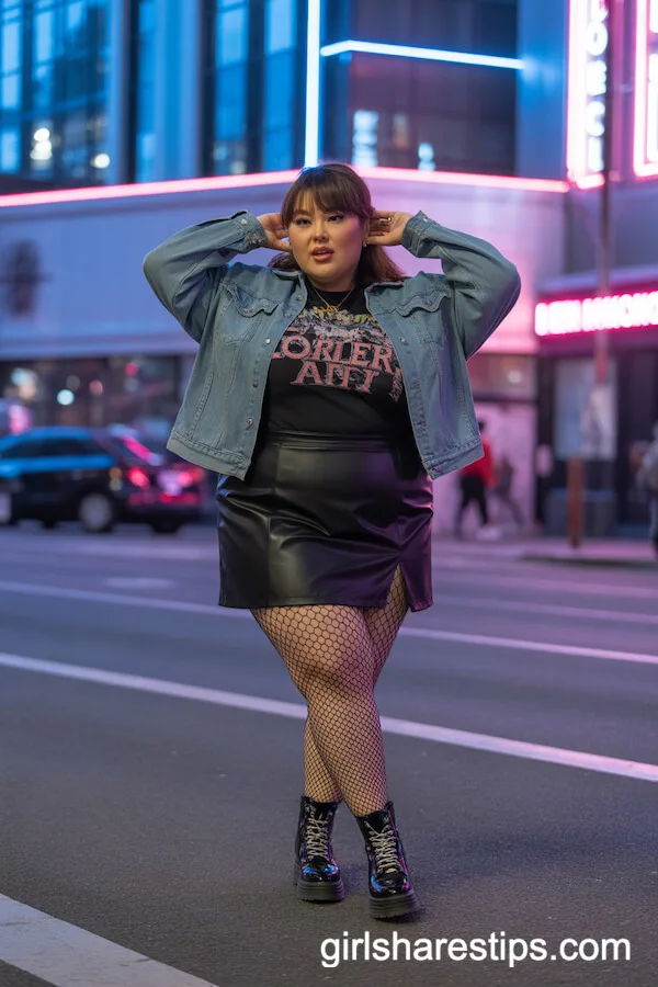 Black Faux Leather Mini Skirt with Denim Jacket and Graphic Tee