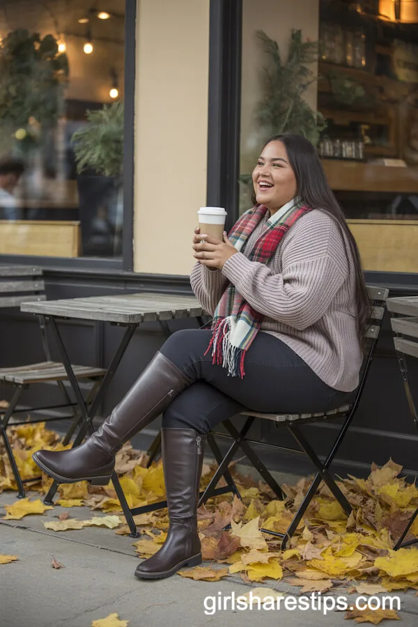 Chunky Knit Sweater, Plaid Scarf, Knee-High Boots