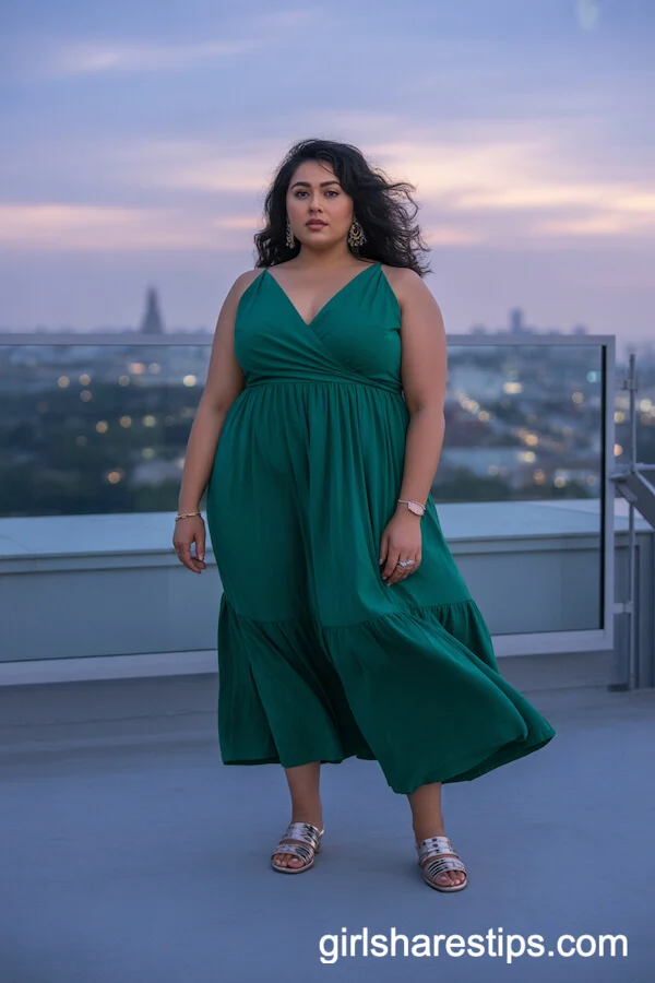Emerald Green Maxi Dress with Metallic Sandals