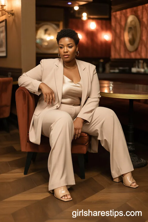 Tailored Beige Pantsuit with Silk Cami and Heeled Mules