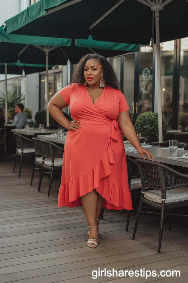 Coral Wrap Dress with Ruffle Details and Strappy Sandals