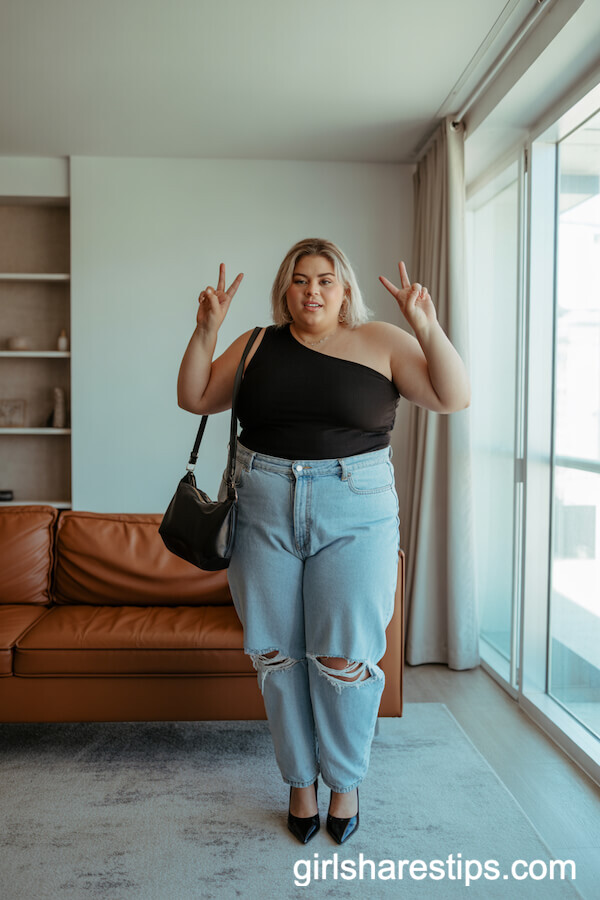 Black One-Shoulder Top with Light Blue Ripped Jeans