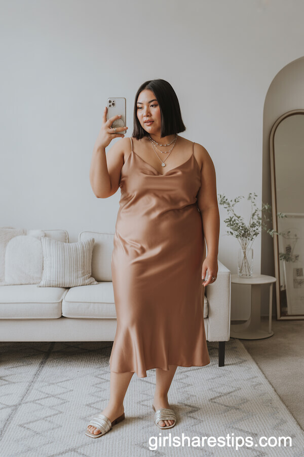 Silky Caramel Slip Dress with Layered Necklaces