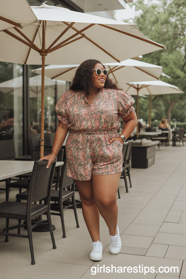 Bright Printed Romper with White Sneakers