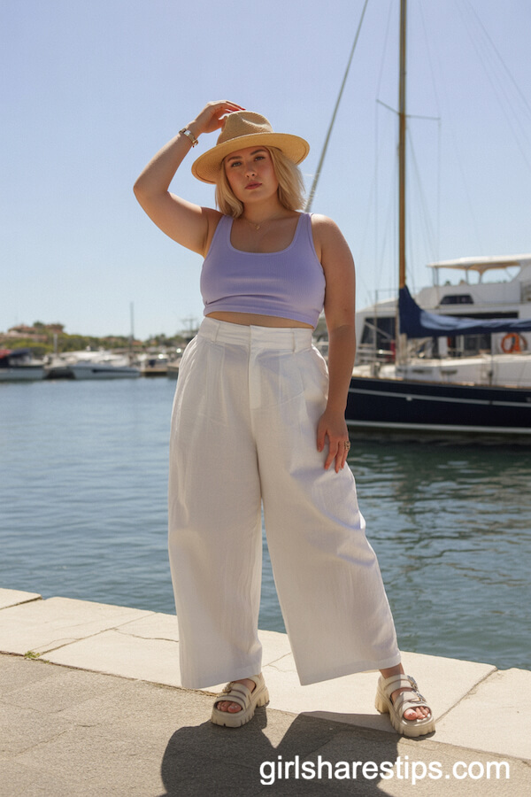 White Wide-Leg Pants with Lavender Crop Top and Straw Hat