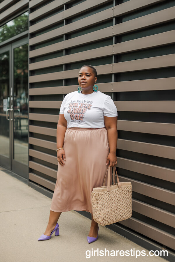 White Graphic Tee Peach Satin Midi Skirt