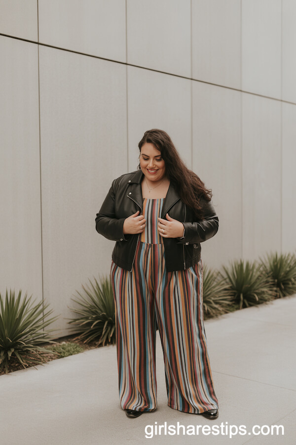 Colorful Striped Wide-Leg Jumpsuit with Biker Jacket
