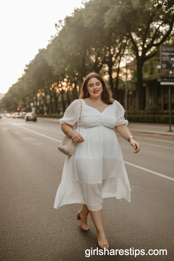 White Puff Sleeve Midi Dress with Nude Block Heels