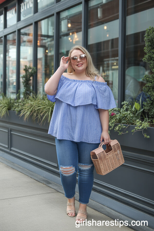Blue and White Striped Off-the-Shoulder Ruffle Top with Ripped Jeans