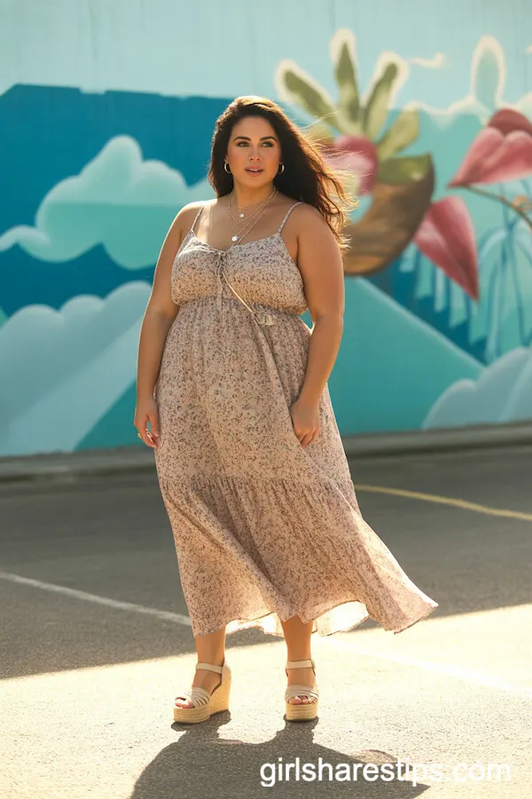 Floral Maxi Dress with Layered Necklaces and Wedge Sandals