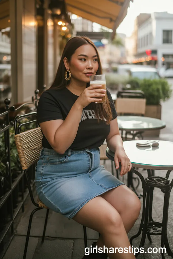 Light-Wash Denim Mini Skirt Black Graphic Tee Ankle Boots
