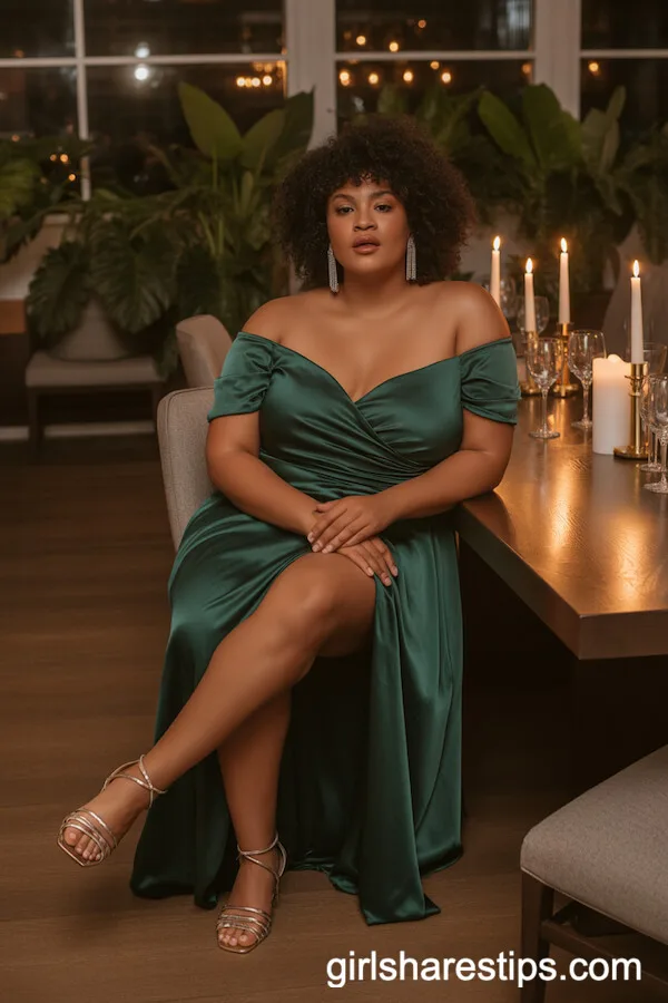 Off-the-Shoulder Green Satin Dress with Statement Earrings