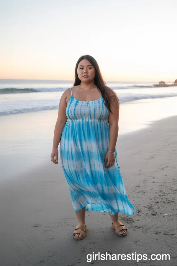 Blue and White Tie-Dye Sundress with Tan Sandals
