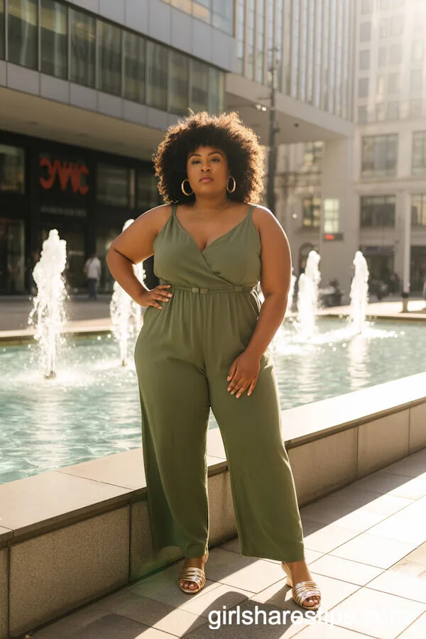 Olive Green Sleeveless Jumpsuit with Gold Hoop Earrings