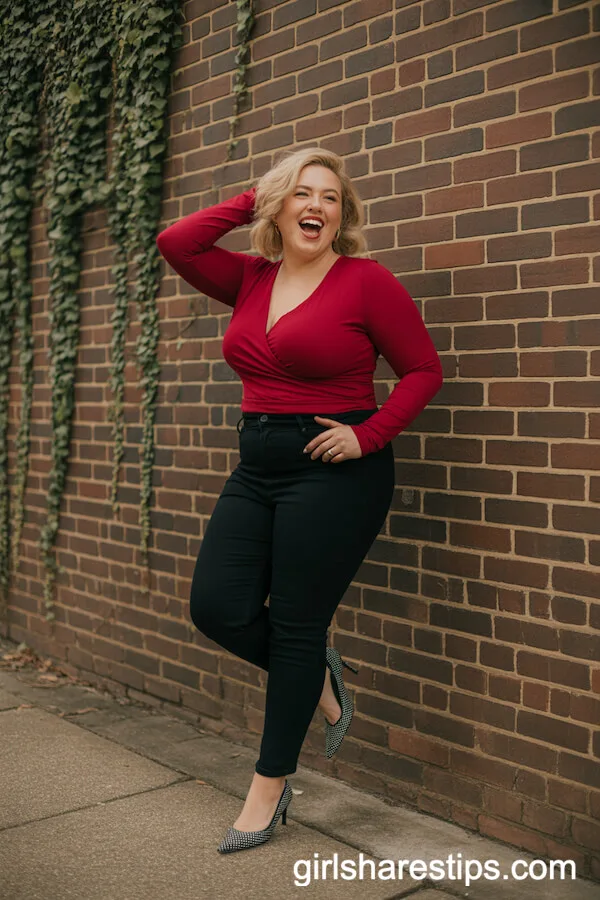 Red Wrap Top and High-Waisted Black Skinny Jeans