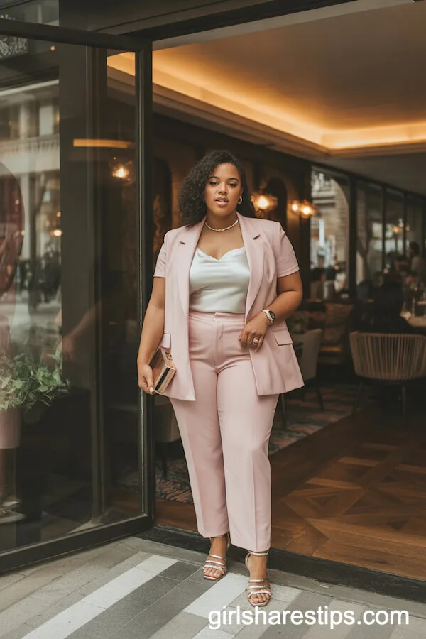 Pastel Pink Tailored Suit with Silky White Cami