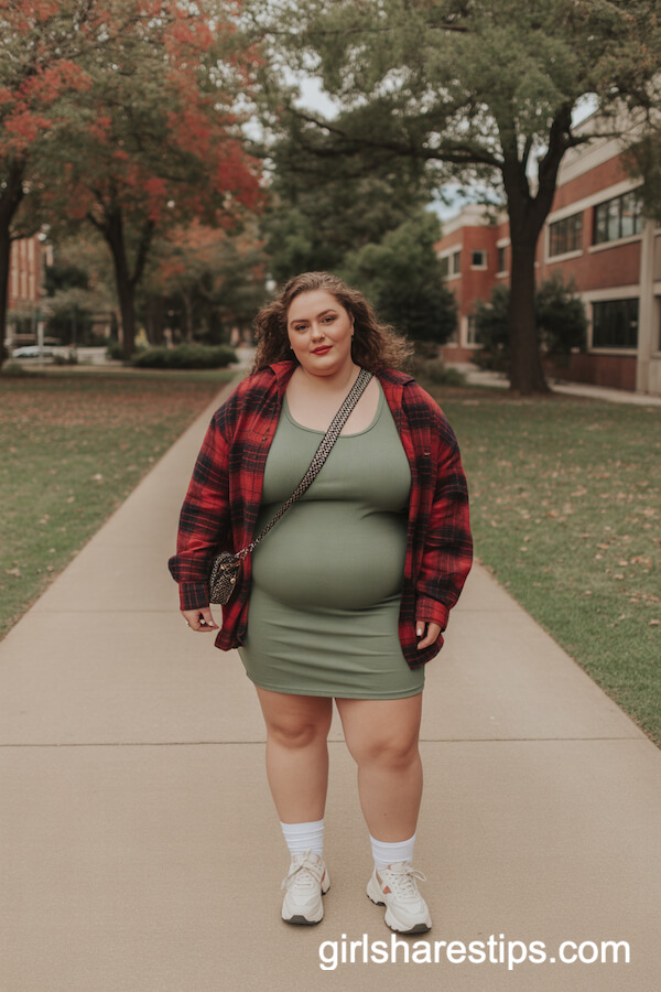 Sage Bodycon Dress with Red Plaid Flannel
