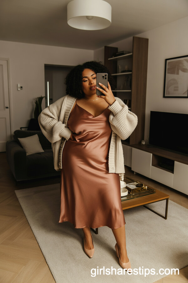 Satin Slip Dress with Chunky Cardigan