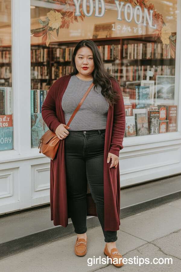 Open-Front Cardigan with Striped Tee