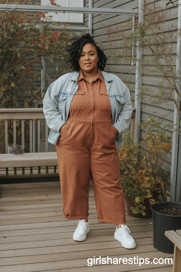 Terracotta Utility Jumpsuit with Denim Jacket