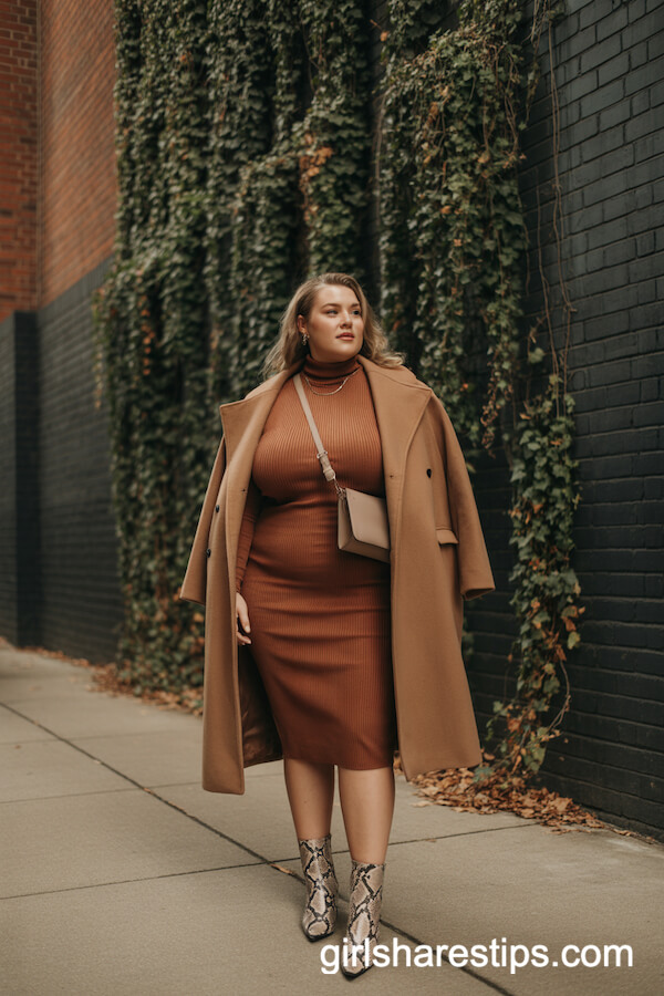 Rust Turtleneck Dress with Camel Coat