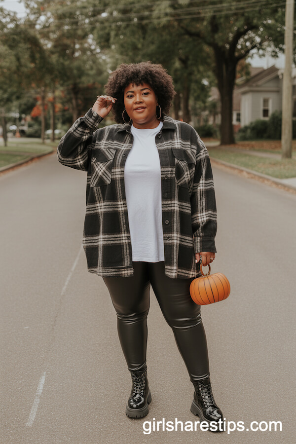 Plaid Shacket with Faux Leather Leggings
