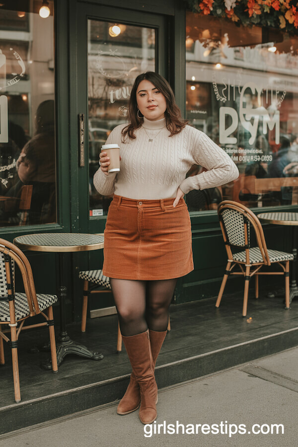 Corduroy Mini Skirt Knee-High Boots