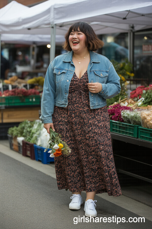 Floral Maxi Dress with Cropped Denim Jacket