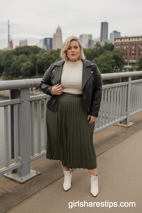 Faux Leather Moto Jacket with Pleated Midi Skirt
