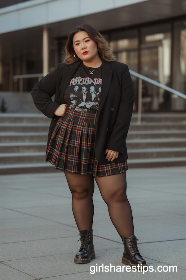 Blazer with Plaid Pleated Mini Skirt