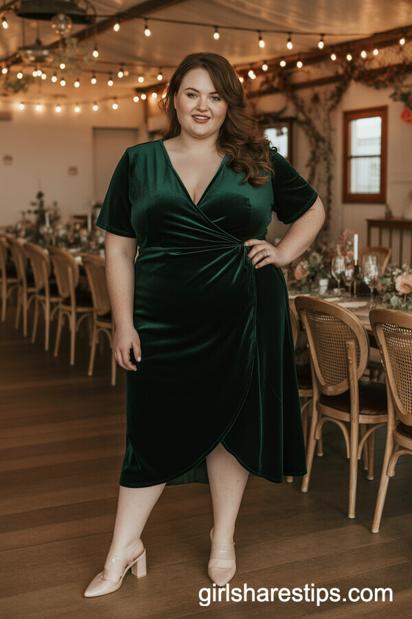 Emerald Velvet Wrap Dress with Nude Block Heels