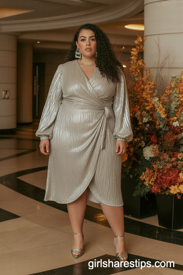 Silver Metallic Wrap Dress with Statement Earrings
