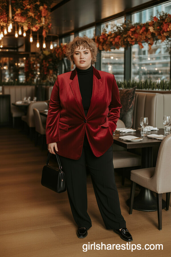 Deep Red Velvet Blazer with Black Turtleneck