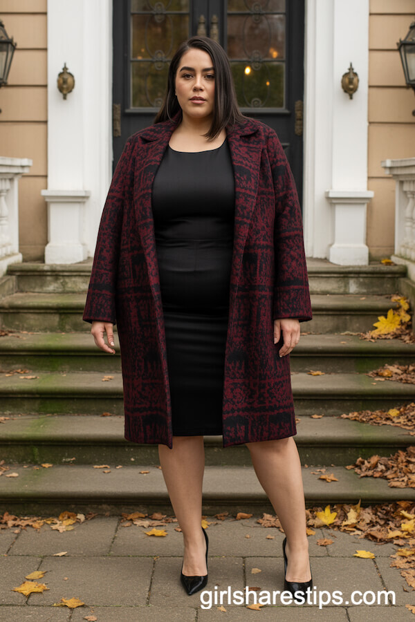 Black Dress with Bold Patterned Overcoat