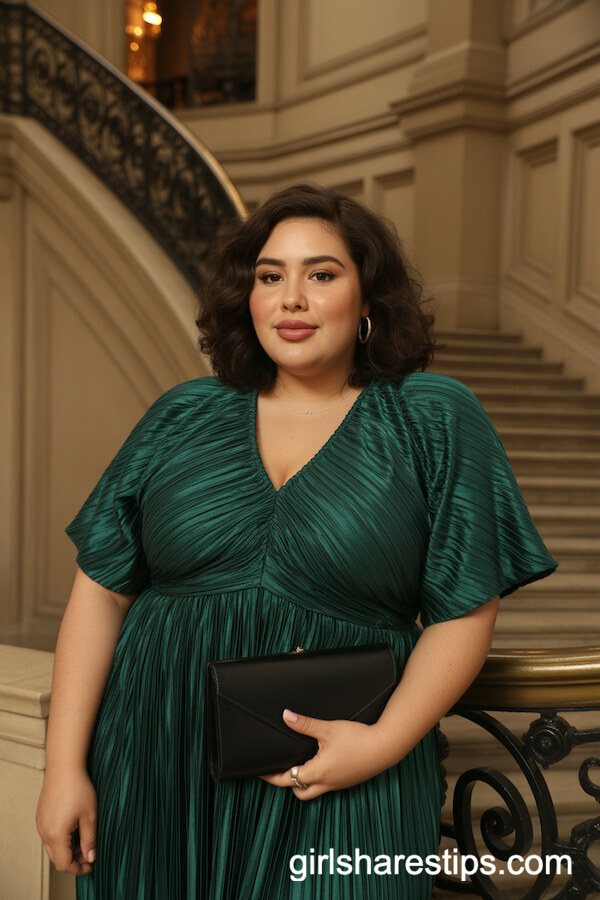 Emerald Green Pleated Dress with Black Clutch