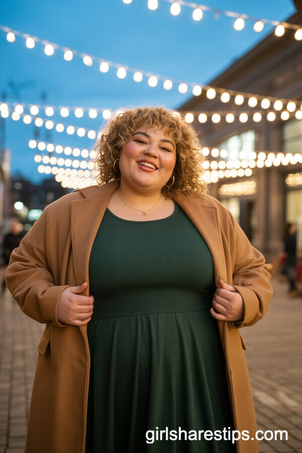 Forest Green Midi Dress with Camel Coat