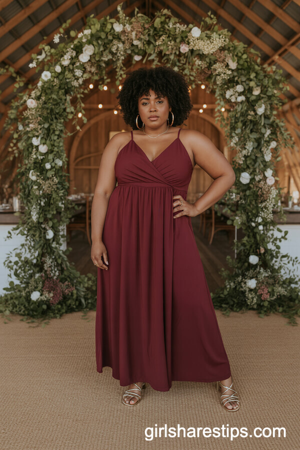 Flowy Burgundy Maxi Dress with Gold Accessories