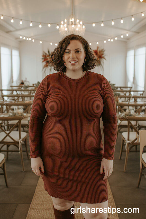 Rust-Colored Knit Dress with Split-Knee Boots