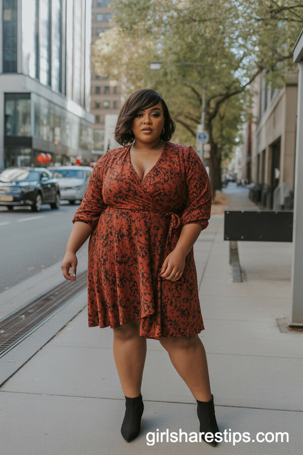Burnt Orange Floral Wrap Dress with Ankle Booties