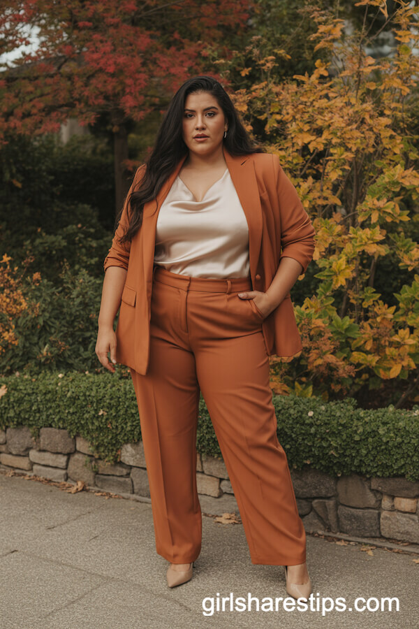 Burnt Orange Tailored Pantsuit with Silk Camisole