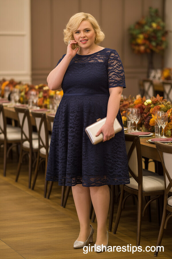 Navy Lace Dress with Silver Clutch and Pumps