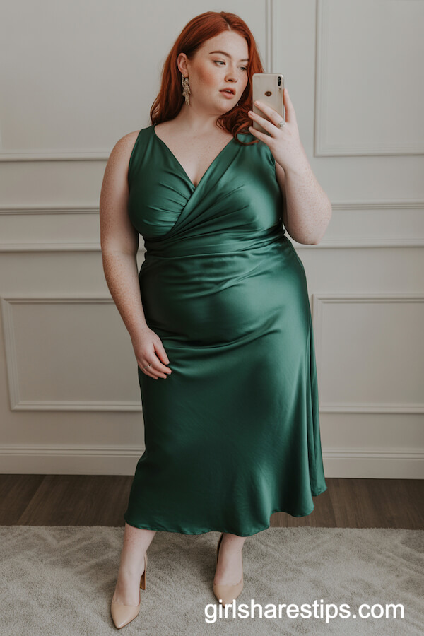 Shimmery Forest Green Satin Midi Dress