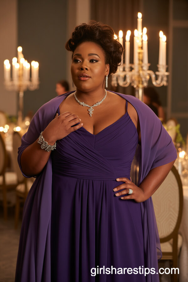 Deep Purple Floor-Length Gown with Shawl