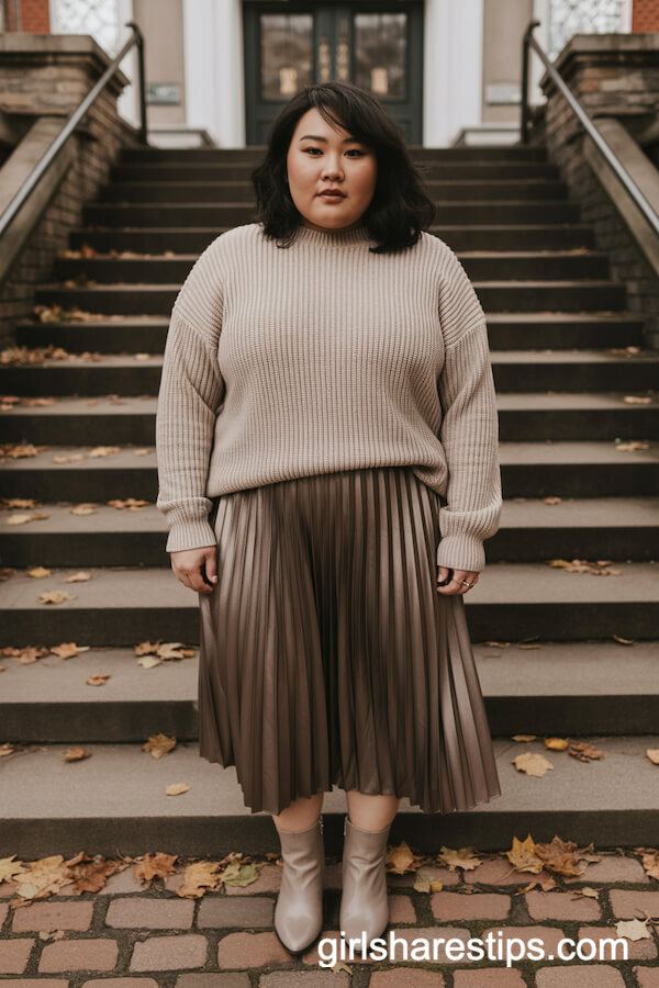 Bronze Pleated Skirt with Chunky Knit Sweater