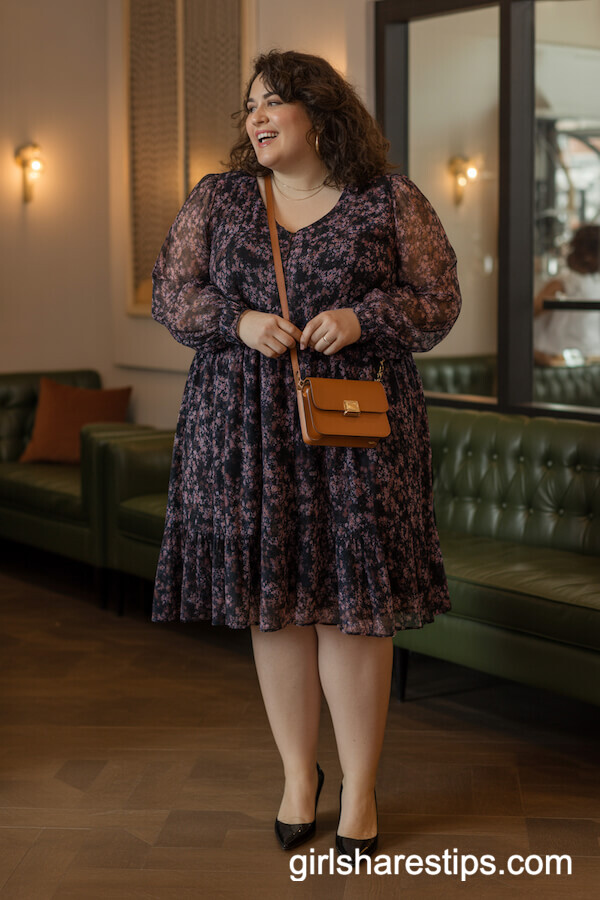 Dark Floral Print Long-Sleeve Dress